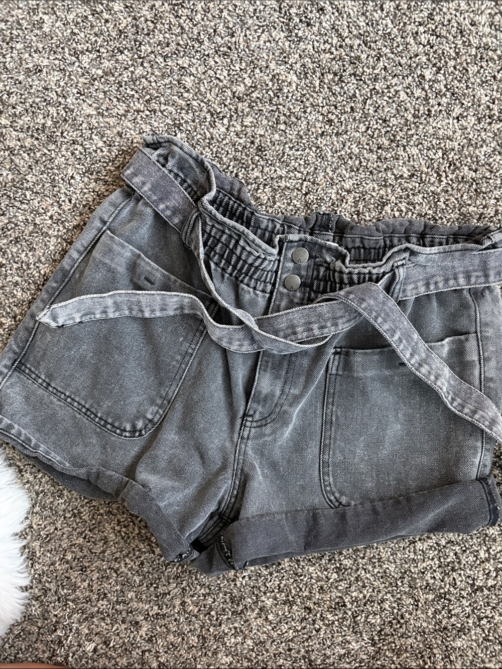 High-Rise Washed Black Jean Shorts with Tie Belt